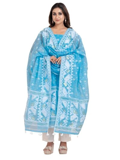 DURGA HANDLOOMS Dhakai Jamdani Unstitched Cotton Kurti with Dupatta